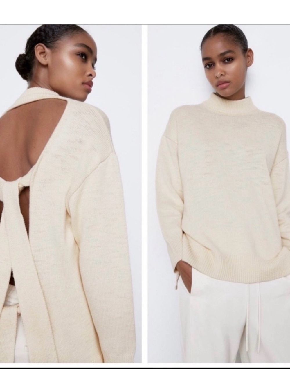 Zara Cream Open-Back Mock Neck Sweater with Tie Detail